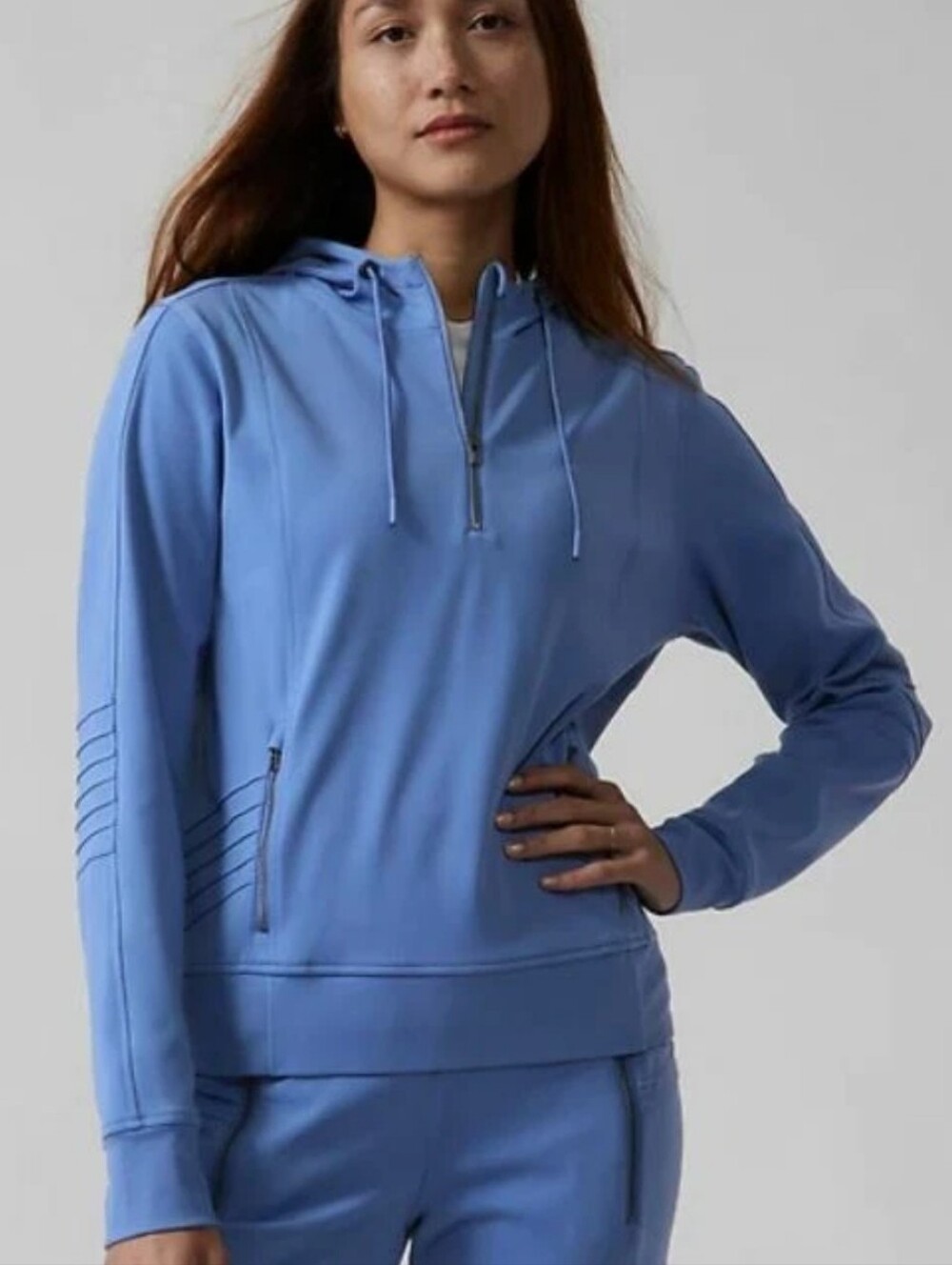Athleta Venice Moto Pullover Hoodie Sweatshirt Top Sz Sm Cottage Blue Like New